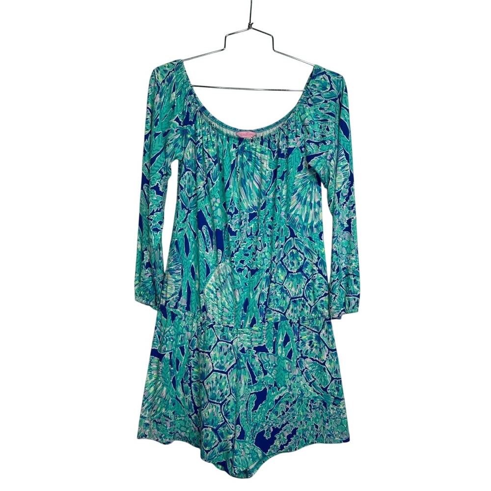 476. Lilly Pulitzer Printed Romper Size S Blue Green 3/4 Sleeve